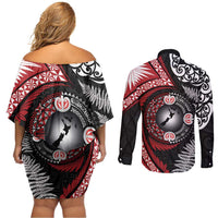 Tonga and New Zealand Together Couples Matching Off Shoulder Short Dress and Long Sleeve Button Shirt Ngatu Art Tribal Maori Tattoo and Silver Fern