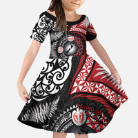 Tonga and New Zealand Together Family Matching Puletasi and Hawaiian Shirt Ngatu Art Tribal Maori Tattoo and Silver Fern LT03 Daughter's Dress Black - Polynesian Pride