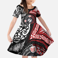 Tonga and New Zealand Together Kid Short Sleeve Dress Ngatu Art Tribal Maori Tattoo and Silver Fern