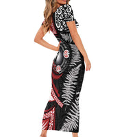 Tonga and New Zealand Together Short Sleeve Bodycon Dress Ngatu Art Tribal Maori Tattoo and Silver Fern