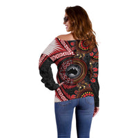 Tonga and Australia Together Off Shoulder Sweater Ngatu Art Tribal Aboriginal Tattoo Pattern