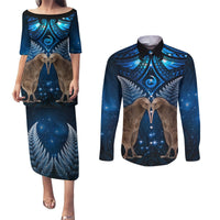 New Zealand Maori Matariki Couples Matching Puletasi and Long Sleeve Button Shirt Hongi Kiwi Bird and Silver Fern LT03 Blue - Polynesian Pride