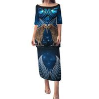New Zealand Maori Matariki Puletasi Hongi Kiwi Bird and Silver Fern LT03 Long Dress Blue - Polynesian Pride