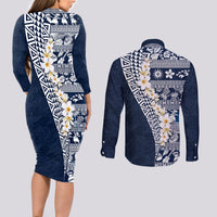 Hawaii Plumeria Tribal Vintage Couples Matching Long Sleeve Bodycon Dress and Long Sleeve Button Shirt Special Blue