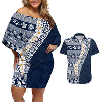 Hawaii Plumeria Tribal Vintage Couples Matching Off Shoulder Short Dress and Hawaiian Shirt Special Blue