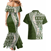Hawaii Plumeria Tribal Vintage Couples Matching Mermaid Dress and Hawaiian Shirt Special Green LT03 - Polynesian Pride