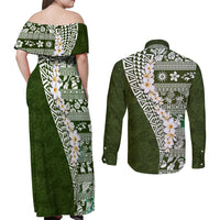 Hawaii Plumeria Tribal Vintage Couples Matching Off Shoulder Maxi Dress and Long Sleeve Button Shirt Special Green