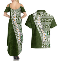Hawaii Plumeria Tribal Vintage Couples Matching Summer Maxi Dress and Hawaiian Shirt Special Green