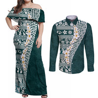 Hawaii Plumeria Tribal Vintage Couples Matching Off Shoulder Maxi Dress and Long Sleeve Button Shirt Special Turquoise