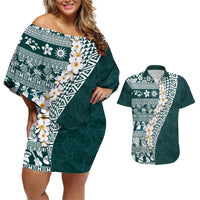 Hawaii Plumeria Tribal Vintage Couples Matching Off Shoulder Short Dress and Hawaiian Shirt Special Turquoise