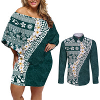Hawaii Plumeria Tribal Vintage Couples Matching Off Shoulder Short Dress and Long Sleeve Button Shirt Special Turquoise