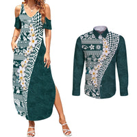 Hawaii Plumeria Tribal Vintage Couples Matching Summer Maxi Dress and Long Sleeve Button Shirt Special Turquoise LT03 Turquoise - Polynesian Pride