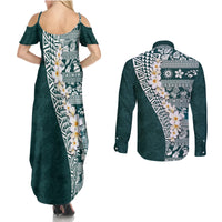 Hawaii Plumeria Tribal Vintage Couples Matching Summer Maxi Dress and Long Sleeve Button Shirt Special Turquoise LT03 - Polynesian Pride