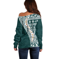 Hawaii Plumeria Tribal Vintage Off Shoulder Sweater Special Turquoise