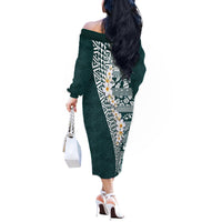 Hawaii Plumeria Tribal Vintage Off The Shoulder Long Sleeve Dress Special Turquoise