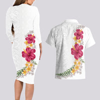 Hawaiian Plumeria and Hibiscus Couples Matching Long Sleeve Bodycon Dress and Hawaiian Shirt White Mode
