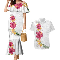 Hawaiian Plumeria and Hibiscus Couples Matching Mermaid Dress and Hawaiian Shirt White Mode LT03 White - Polynesian Pride