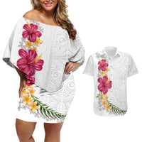Hawaiian Plumeria and Hibiscus Couples Matching Off Shoulder Short Dress and Hawaiian Shirt White Mode LT03 White - Polynesian Pride