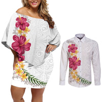 Hawaiian Plumeria and Hibiscus Couples Matching Off Shoulder Short Dress and Long Sleeve Button Shirt White Mode LT03 White - Polynesian Pride