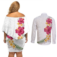 Hawaiian Plumeria and Hibiscus Couples Matching Off Shoulder Short Dress and Long Sleeve Button Shirt White Mode LT03 - Polynesian Pride
