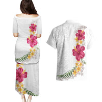 Hawaiian Plumeria and Hibiscus Couples Matching Puletasi and Hawaiian Shirt White Mode LT03 - Polynesian Pride