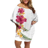 Hawaiian Plumeria and Hibiscus Off Shoulder Short Dress White Mode LT03 Women White - Polynesian Pride