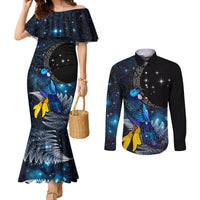 New Zealand Tui Bird Matariki Couples Matching Mermaid Dress and Long Sleeve Button Shirt Galaxy Fern With Maori Pattern LT03 Blue - Polynesian Pride