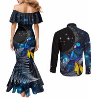 New Zealand Tui Bird Matariki Couples Matching Mermaid Dress and Long Sleeve Button Shirt Galaxy Fern With Maori Pattern LT03 - Polynesian Pride