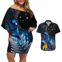 New Zealand Tui Bird Matariki Couples Matching Off Shoulder Short Dress and Hawaiian Shirt Galaxy Fern With Maori Pattern LT03 Blue - Polynesian Pride