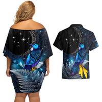 New Zealand Tui Bird Matariki Couples Matching Off Shoulder Short Dress and Hawaiian Shirt Galaxy Fern With Maori Pattern LT03 - Polynesian Pride