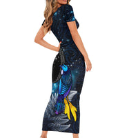 New Zealand Tui Bird Matariki Family Matching Short Sleeve Bodycon Dress and Hawaiian Shirt Galaxy Fern With Maori Pattern