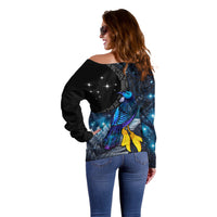 New Zealand Tui Bird Matariki Off Shoulder Sweater Galaxy Fern With Maori Pattern