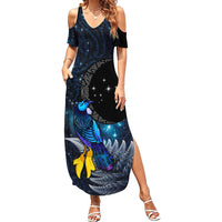 New Zealand Tui Bird Matariki Summer Maxi Dress Galaxy Fern With Maori Pattern LT03 Women Blue - Polynesian Pride