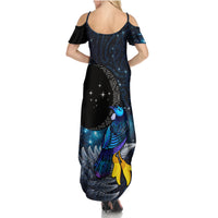 New Zealand Tui Bird Matariki Summer Maxi Dress Galaxy Fern With Maori Pattern LT03 - Polynesian Pride