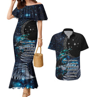 New Zealand Tui Bird Couples Matching Mermaid Dress and Hawaiian Shirt Matariki Poetry Pattern Galaxy Style LT03 Blue - Polynesian Pride
