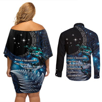 New Zealand Tui Bird Couples Matching Off Shoulder Short Dress and Long Sleeve Button Shirt Matariki Poetry Pattern Galaxy Style LT03 - Polynesian Pride