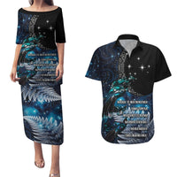 New Zealand Tui Bird Couples Matching Puletasi and Hawaiian Shirt Matariki Poetry Pattern Galaxy Style LT03 Blue - Polynesian Pride