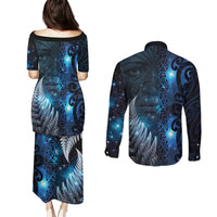 New Zealand Matariki Couples Matching Puletasi and Long Sleeve Button Shirt The Tribal Maori Face and Silver Fern LT03 - Polynesian Pride