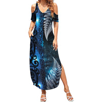 New Zealand Matariki Family Matching Summer Maxi Dress and Hawaiian Shirt The Tribal Maori Face and Silver Fern