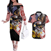 United States and American Samoa Together Couples Matching Off The Shoulder Long Sleeve Dress and Hawaiian Shirt Bald Eagle and Polynesian Traditional Culture with Plumeria