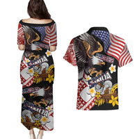 United States and American Samoa Together Couples Matching Puletasi and Hawaiian Shirt Bald Eagle and Polynesian Traditional Culture with Plumeria