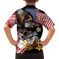 United States and American Samoa Together Family Matching Off Shoulder Short Dress and Hawaiian Shirt Bald Eagle and Polynesian Traditional Culture with Plumeria