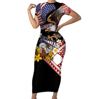 United States and American Samoa Together Family Matching Short Sleeve Bodycon Dress and Hawaiian Shirt Bald Eagle and Polynesian Traditional Culture with Plumeria