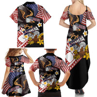 United States and American Samoa Together Family Matching Summer Maxi Dress and Hawaiian Shirt Bald Eagle and Polynesian Traditional Culture with Plumeria