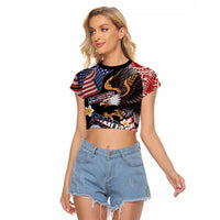 United States and American Samoa Together Raglan Cropped T Shirt Bald Eagle and Polynesian Traditional Culture with Plumeria