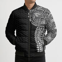 Hawaiian Traditional Tattoos Bomber Puffer Jacket Kakau Tribal Tropical Plant Motif Black Color