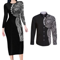Hawaiian Traditional Tattoos Couples Matching Long Sleeve Bodycon Dress and Long Sleeve Button Shirt Kakau Tribal Tropical Plant Motif Black Color