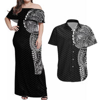 Hawaiian Traditional Tattoos Couples Matching Off Shoulder Maxi Dress and Hawaiian Shirt Kakau Tribal Tropical Plant Motif Black Color