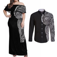 Hawaiian Traditional Tattoos Couples Matching Off Shoulder Maxi Dress and Long Sleeve Button Shirt Kakau Tribal Tropical Plant Motif Black Color