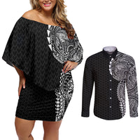 Hawaiian Traditional Tattoos Couples Matching Off Shoulder Short Dress and Long Sleeve Button Shirt Kakau Tribal Tropical Plant Motif Black Color
